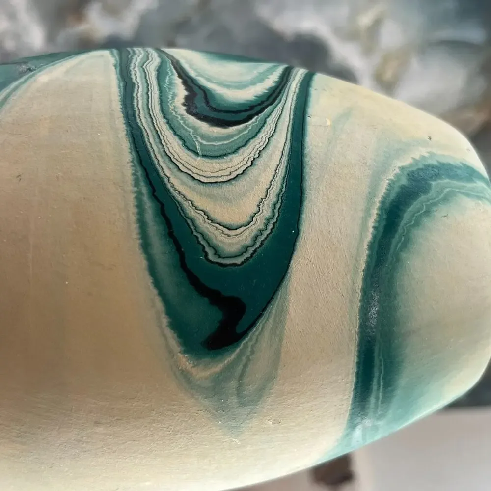 Nemadji Vase Pottery 6.5 x 5 in Round Ivory & Blue Swirl Hand Painted